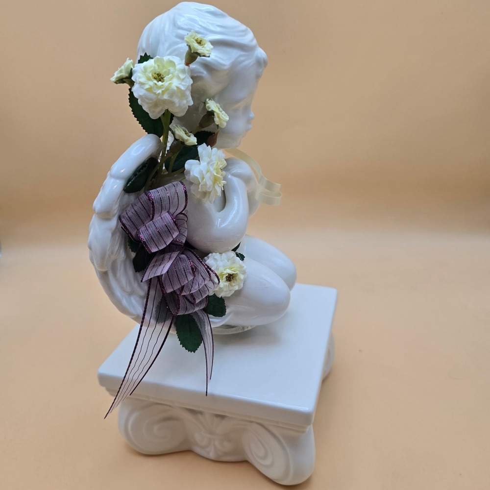 Vintage White Ceramic Rotating Cherub Angel Figurine on Pedestal with Flowers - Picture 4 of 16